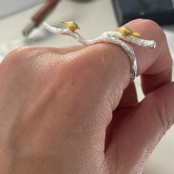 NWOT, solid sterling 925 silver with 18 K gold vermeil accents, birds on branch - Picture 7 of 12